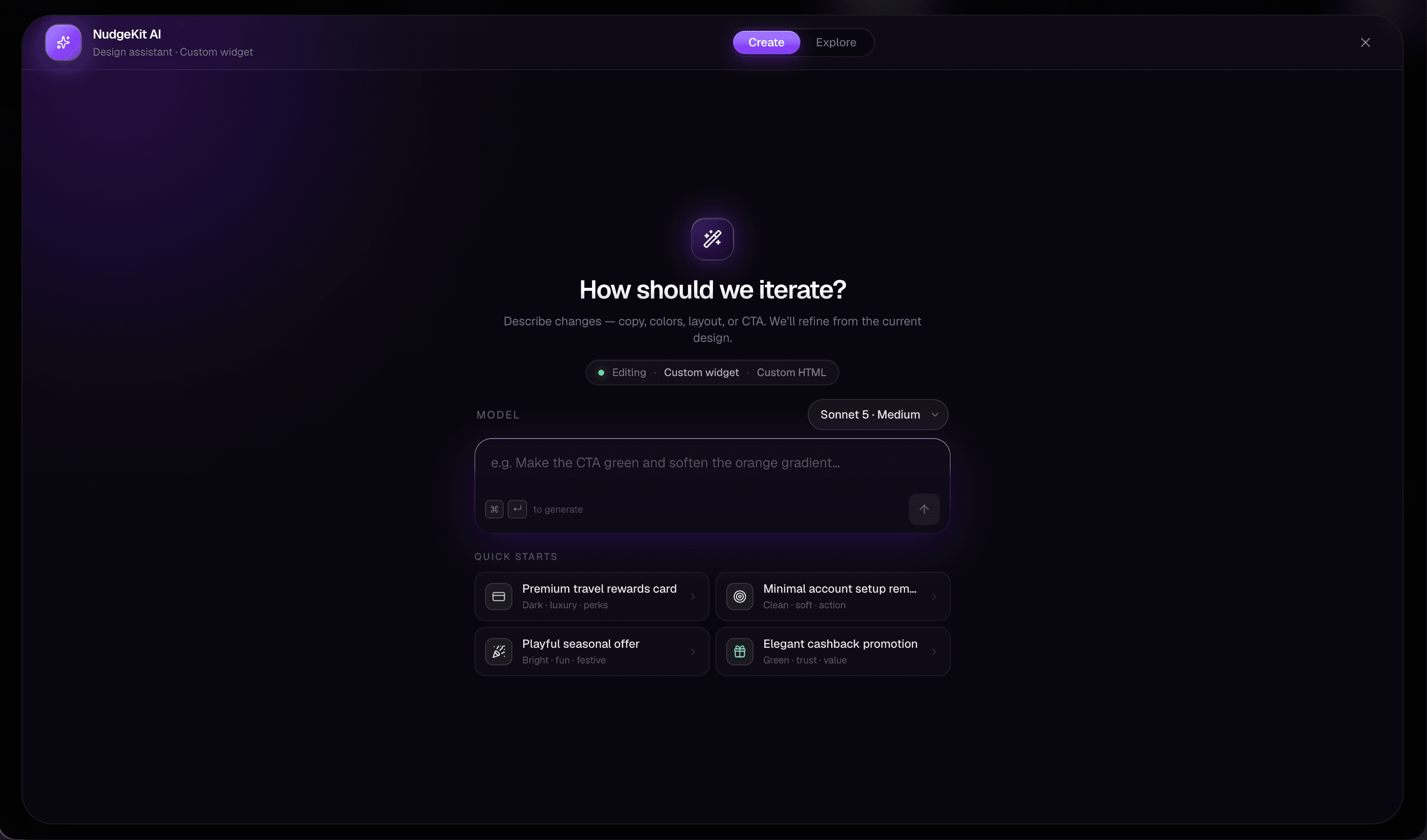 NudgeKit AI creating an in-app widget from a natural-language prompt