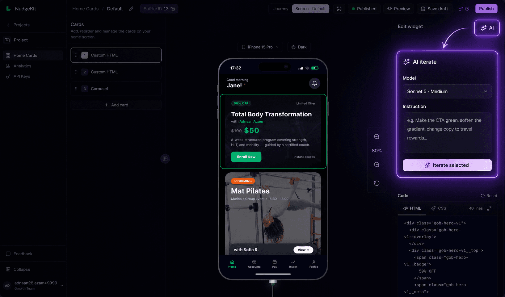 NudgeKit AI iterate panel refining a selected mobile widget